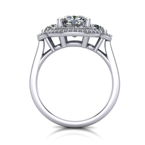 Elle cushion three stone halo engagement ring in 14K White Gold, through-finger front profile showing the haloed three-stone head raised above the cathedral shoulders