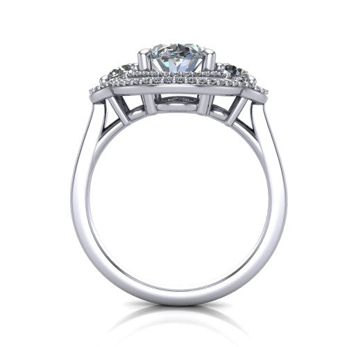 Elle oval three stone halo engagement ring in Platinum, through-finger front profile showing the haloed three-stone head raised above the cathedral shoulders