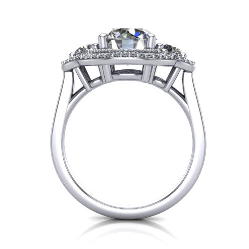 Elle round three stone halo engagement ring in Platinum, through-finger front profile showing the haloed three-stone head raised above the cathedral shoulders