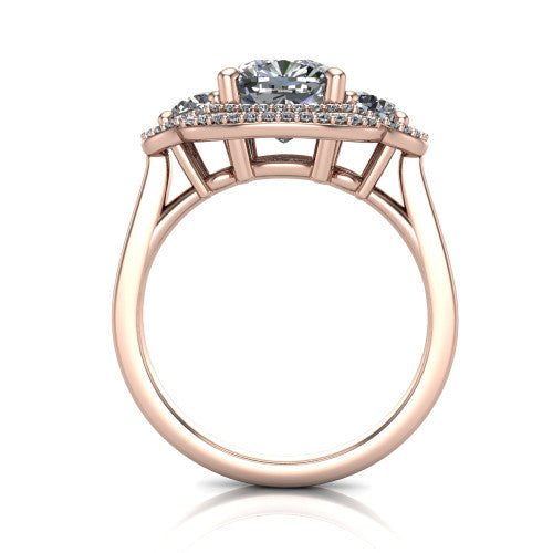 Elle cushion three stone halo engagement ring in 14K Rose Gold, through-finger front profile showing the haloed three-stone head raised above the cathedral shoulders