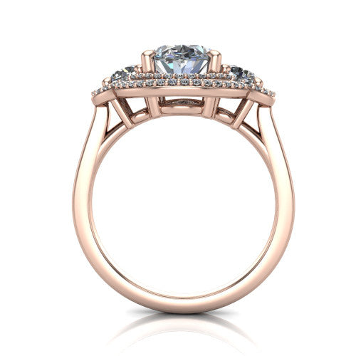 Elle oval three stone halo engagement ring in 18K Rose Gold, through-finger front profile showing the haloed three-stone head raised above the cathedral shoulders