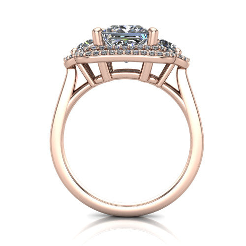 Elle princess three stone halo engagement ring in 14K Rose Gold, through-finger front profile showing the haloed three-stone head raised above the cathedral shoulders