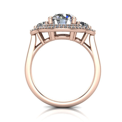 Elle round three stone halo engagement ring in 18K Rose Gold, through-finger front profile showing the haloed three-stone head raised above the cathedral shoulders