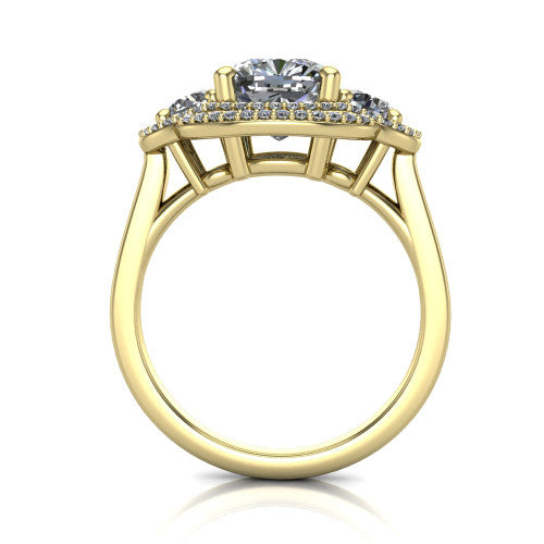 Elle cushion three stone halo engagement ring in 14K Yellow Gold, through-finger front profile showing the haloed three-stone head raised above the cathedral shoulders