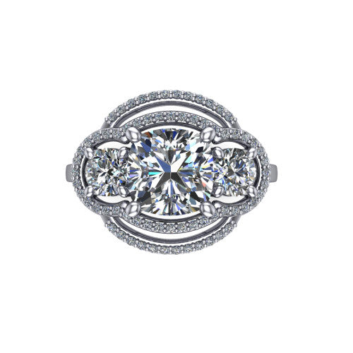 Elle cushion three stone halo engagement ring in Platinum, top-down view showing the three stones wrapped in a scrolling figure-eight pav&eacute; halo from above