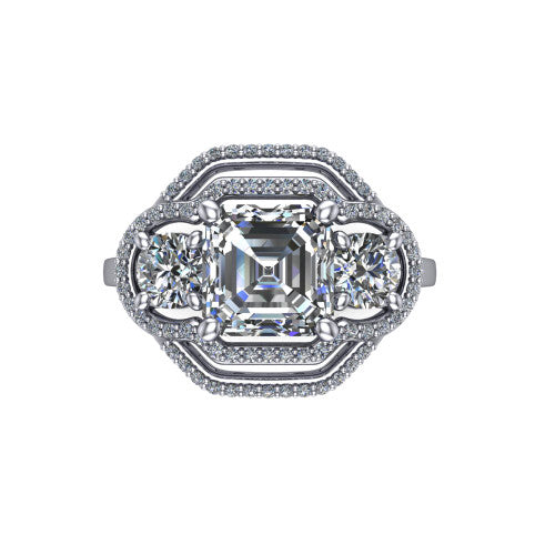 Elle square emerald three stone halo engagement ring in Platinum, top-down view showing the three stones wrapped in a scrolling figure-eight pav&eacute; halo from above