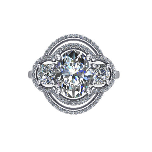 Elle oval three stone halo engagement ring in 18K White Gold, top-down view showing the three stones wrapped in a scrolling figure-eight pav&eacute; halo from above