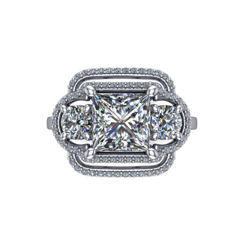 Elle princess three stone halo engagement ring in 18K White Gold, top-down view showing the three stones wrapped in a scrolling figure-eight pav&eacute; halo from above