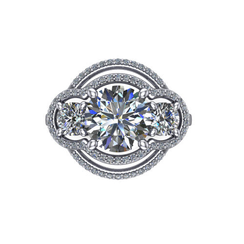 Elle round three stone halo engagement ring in 14K White Gold, top-down view showing the three stones wrapped in a scrolling figure-eight pav&eacute; halo from above