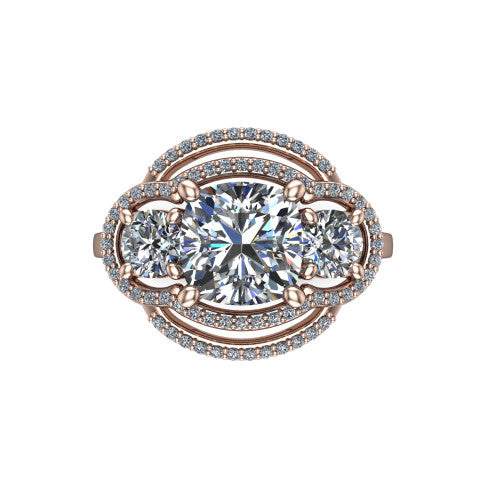 Elle cushion three stone halo engagement ring in 14K Rose Gold, top-down view showing the three stones wrapped in a scrolling figure-eight pav&eacute; halo from above