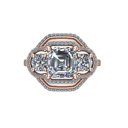 Elle square emerald three stone halo engagement ring in 18K Rose Gold, top-down view showing the three stones wrapped in a scrolling figure-eight pav&eacute; halo from above