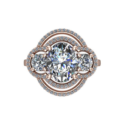 Elle oval three stone halo engagement ring in 14K Rose Gold, top-down view showing the three stones wrapped in a scrolling figure-eight pav&eacute; halo from above