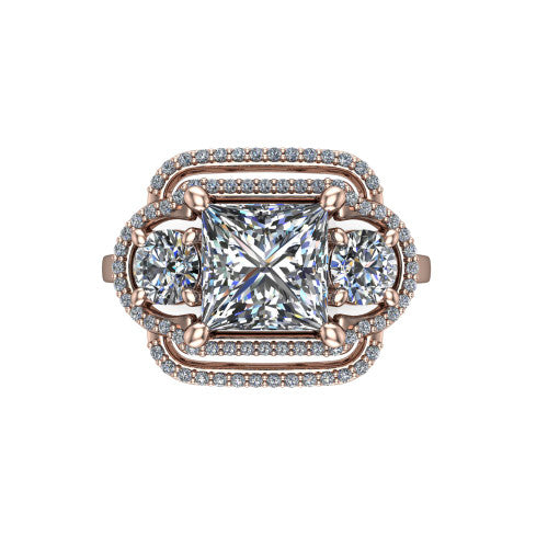 Elle princess three stone halo engagement ring in 18K Rose Gold, top-down view showing the three stones wrapped in a scrolling figure-eight pav&eacute; halo from above