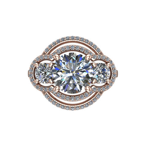 Elle round three stone halo engagement ring in 18K Rose Gold, top-down view showing the three stones wrapped in a scrolling figure-eight pav&eacute; halo from above