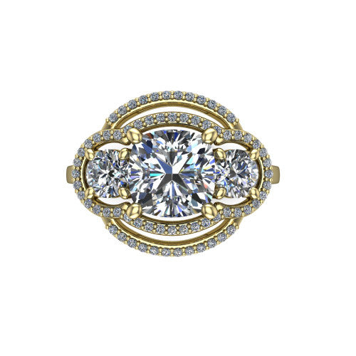 Elle cushion three stone halo engagement ring in 14K Yellow Gold, top-down view showing the three stones wrapped in a scrolling figure-eight pav&eacute; halo from above