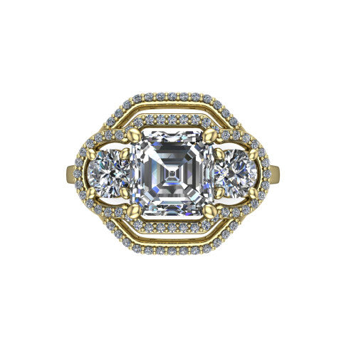 Elle square emerald three stone halo engagement ring in 14K Yellow Gold, top-down view showing the three stones wrapped in a scrolling figure-eight pav&eacute; halo from above