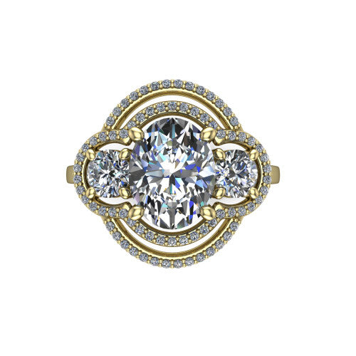 Elle oval three stone halo engagement ring in 18K Yellow Gold, top-down view showing the three stones wrapped in a scrolling figure-eight pav&eacute; halo from above