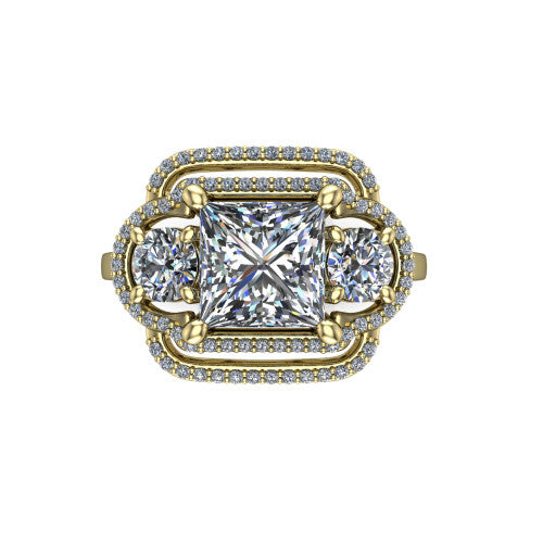 Elle princess three stone halo engagement ring in 18K Yellow Gold, top-down view showing the three stones wrapped in a scrolling figure-eight pav&eacute; halo from above
