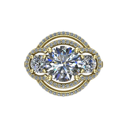 Elle round three stone halo engagement ring in 18K Yellow Gold, top-down view showing the three stones wrapped in a scrolling figure-eight pav&eacute; halo from above