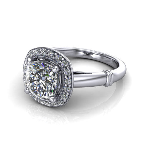 Miracle cushion halo engagement ring in 18K White Gold, three-quarter perspective showing the haloed center above a plain band with a ribbed lower-shank accent