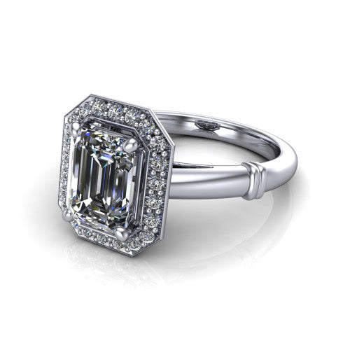 Miracle emerald halo engagement ring in 14K White Gold, three-quarter perspective showing the haloed center above a plain band with a ribbed lower-shank accent