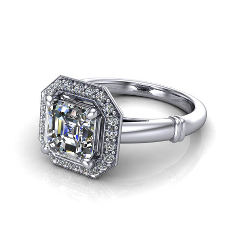 Miracle square emerald halo engagement ring in 14K White Gold, three-quarter perspective showing the haloed center above a plain band with a ribbed lower-shank accent