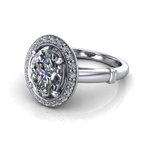 Miracle oval halo engagement ring in 14K White Gold, three-quarter perspective showing the haloed center above a plain band with a ribbed lower-shank accent