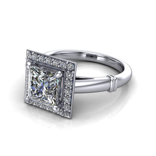 Miracle princess halo engagement ring in 14K White Gold, three-quarter perspective showing the haloed center above a plain band with a ribbed lower-shank accent