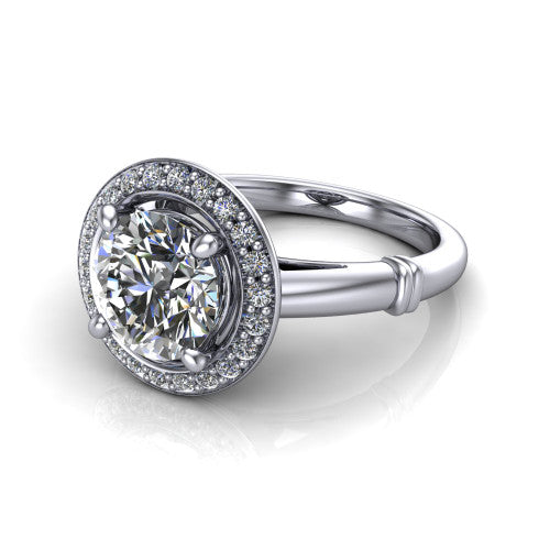 Miracle round halo engagement ring in 14K White Gold, three-quarter perspective showing the haloed center above a plain band with a ribbed lower-shank accent