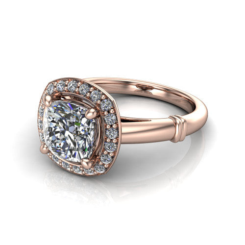 Miracle cushion halo engagement ring in 14K Rose Gold, three-quarter perspective showing the haloed center above a plain band with a ribbed lower-shank accent