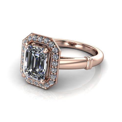 Miracle emerald halo engagement ring in 18K Rose Gold, three-quarter perspective showing the haloed center above a plain band with a ribbed lower-shank accent