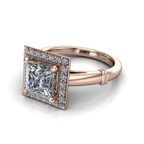 Miracle princess halo engagement ring in 18K Rose Gold, three-quarter perspective showing the haloed center above a plain band with a ribbed lower-shank accent