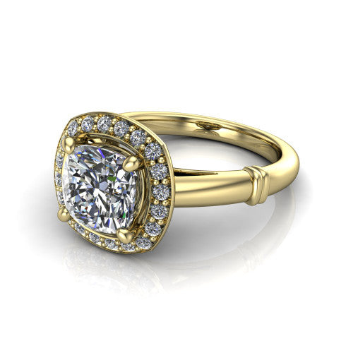 Miracle cushion halo engagement ring in 14K Yellow Gold, three-quarter perspective showing the haloed center above a plain band with a ribbed lower-shank accent