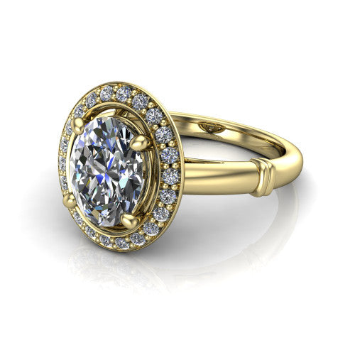 Miracle oval halo engagement ring in 14K Yellow Gold, three-quarter perspective showing the haloed center above a plain band with a ribbed lower-shank accent