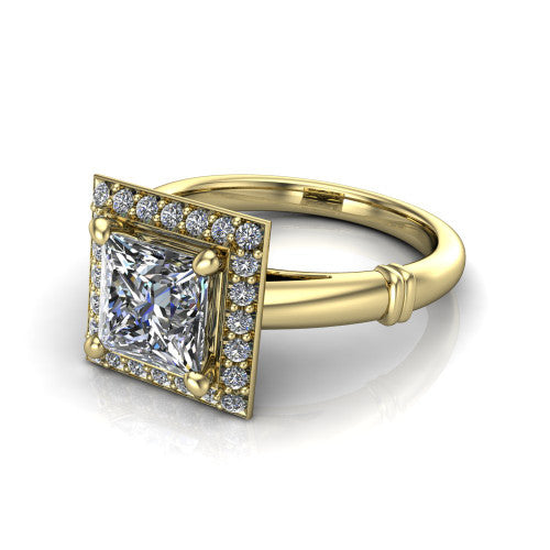 Miracle princess halo engagement ring in 18K Yellow Gold, three-quarter perspective showing the haloed center above a plain band with a ribbed lower-shank accent