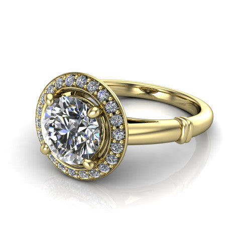Miracle round halo engagement ring in 18K Yellow Gold, three-quarter perspective showing the haloed center above a plain band with a ribbed lower-shank accent