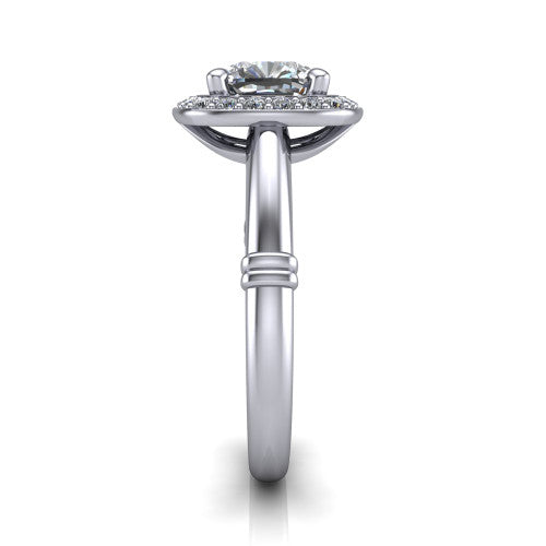 Miracle cushion halo engagement ring in 14K White Gold, side profile showing the split cathedral gallery cut-outs and the ribbed accent at the base