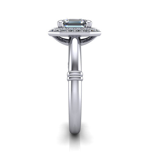 Miracle square emerald halo engagement ring in 18K White Gold, side profile showing the split cathedral gallery cut-outs and the ribbed accent at the base
