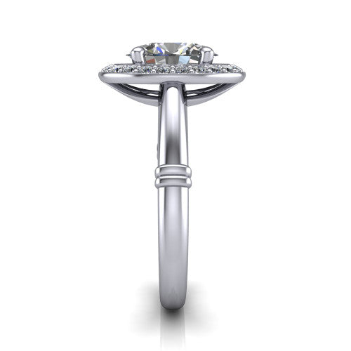 Miracle oval halo engagement ring in 14K White Gold, side profile showing the split cathedral gallery cut-outs and the ribbed accent at the base