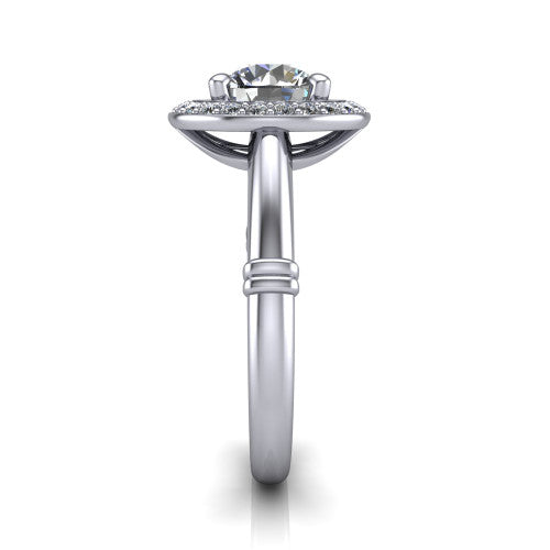 Miracle round halo engagement ring in 14K White Gold, side profile showing the split cathedral gallery cut-outs and the ribbed accent at the base