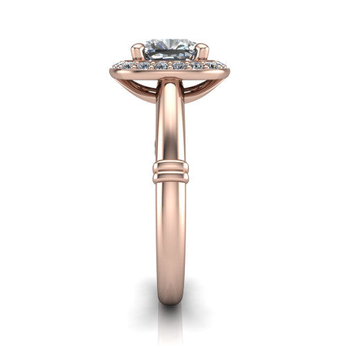 Miracle cushion halo engagement ring in 14K Rose Gold, side profile showing the split cathedral gallery cut-outs and the ribbed accent at the base