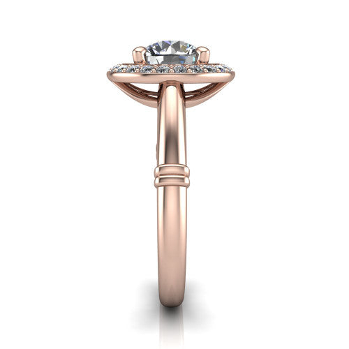 Miracle round halo engagement ring in 14K Rose Gold, side profile showing the split cathedral gallery cut-outs and the ribbed accent at the base