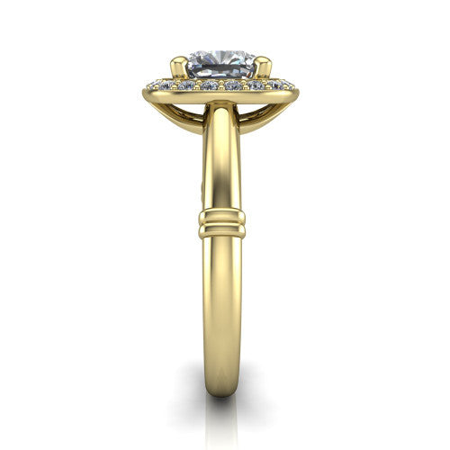 Miracle cushion halo engagement ring in 14K Yellow Gold, side profile showing the split cathedral gallery cut-outs and the ribbed accent at the base