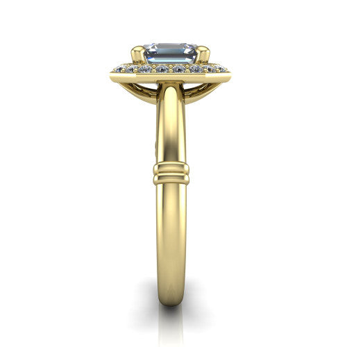Miracle square emerald halo engagement ring in 14K Yellow Gold, side profile showing the split cathedral gallery cut-outs and the ribbed accent at the base