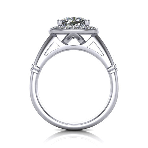 Miracle cushion halo engagement ring in 14K White Gold, through-finger front profile showing the peaked open cathedral gallery beneath the halo and the smooth band