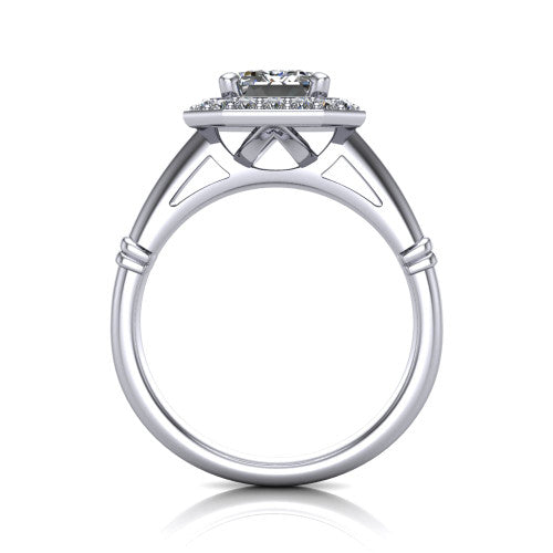 Miracle emerald halo engagement ring in Platinum, through-finger front profile showing the peaked open cathedral gallery beneath the halo and the smooth band