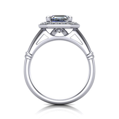 Miracle square emerald halo engagement ring in 14K White Gold, through-finger front profile showing the peaked open cathedral gallery beneath the halo and the smooth band