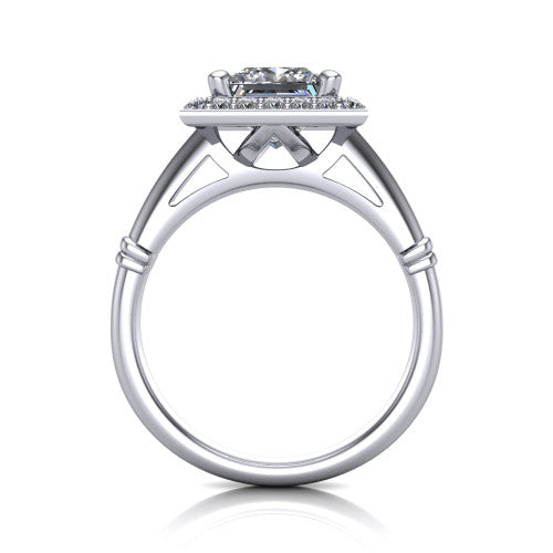 Miracle princess halo engagement ring in 14K White Gold, through-finger front profile showing the peaked open cathedral gallery beneath the halo and the smooth band