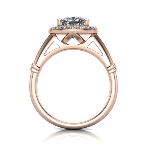 Miracle cushion halo engagement ring in 14K Rose Gold, through-finger front profile showing the peaked open cathedral gallery beneath the halo and the smooth band