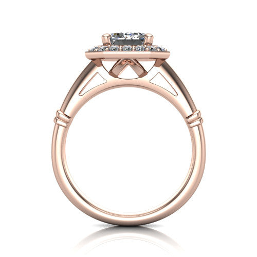 Miracle emerald halo engagement ring in 14K Rose Gold, through-finger front profile showing the peaked open cathedral gallery beneath the halo and the smooth band